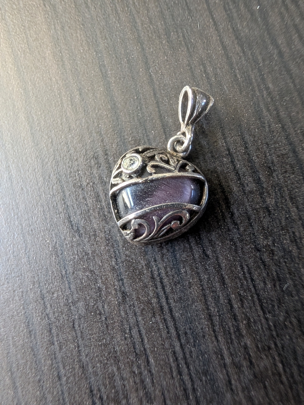 Silver Heart Pendant with Purple Glass Inlay